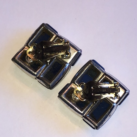 Lisner Vintage Thermoset Navy Blue and Silver Tone Retro Boho Geometric Earrings - Picture 4 of 6